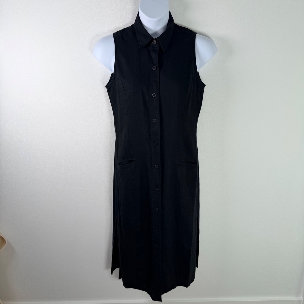 Bice Black Linen Blend Sleeveless Button Down Midi Shirt Dress Size 12
